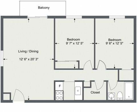 Floor plan for 2 beds, 1 bath, 656 sqft